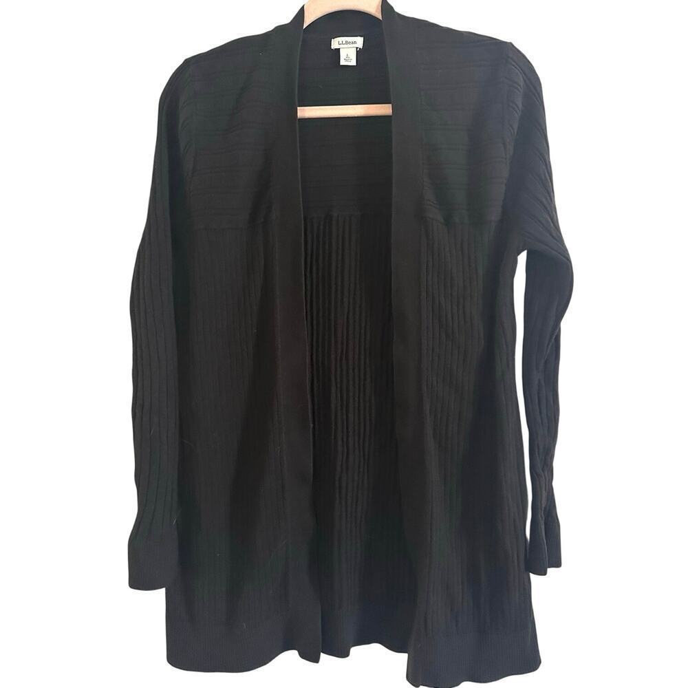 L.L. BEAN Black Ribbed Textured Open-Front Lightweight Cardigan Sweater - Sz L